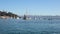 Morro Bay harbor, California. Beautiful seascape with sailing boats and sea lions lounge on a  floating dock in the middle of Morr