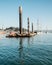 Morro Bay harbor, California. Sailing boats and floating dock with sea lions in the middle of Morro bay