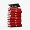 Mortar board on stack of red graduate book isolated on white wit