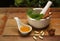 Mortar and pestle with herb and pills