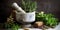 Mortar and pestle surrounded by vibrant, fresh herbs, set against a simple backdrop, illustrating the preparation of