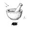 Mortar and pestle vector drawing. Engraving style pharmacy and medicine object.