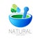 Mortar and pestle vector symbol with pill capsule and leaf. Logo of nature herb illustration. Concept for ecology, eco