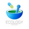 Mortar and pestle vector symbol with pill capsule. Logo of nature herb illustration. Concept for ecology, eco, organic