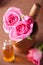 Mortar with rose flowers essential oil for aromatherapy