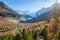 Morteratsch glacier with golden larch trees