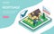 Mortgage isometric landing page. Cottage house with scatter coins and hourglass. Hypothec loan, debt, personal bank consumer