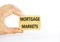 Mortgage markets symbol. Concept words Mortgage markets on beautiful wooden blocks. Beautiful white table white background.