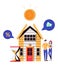 Mortgage vector illustration. Flat tiny house purchase debt persons concept. Buy real estate and pay