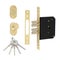 Mortise lock in gold color with cylindrical crossbars, striker plate, decorative strips and a set of five cross keys