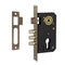 Mortise powerful lock of dark bronze color in a black case for an external door with three round bolts and a strike plate