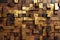 Mosaic background, gold and wood cubes pattern, modern shiny metal and wooden blocks, tiled wall backdrop. Created with generative