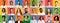 Mosaic Of Cheerful Multiethnic People Faces On Colorful Backgrounds, Panorama
