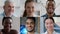 Mosaic collage of multiethnic men and women laughing and smiling to camera, close up portraits, slow motion