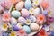 A mosaic of pastel Easter eggs interwoven with gentle spring blooms offers a visual feast of seasonal splendor.