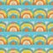 Mosaic rainbow vector seamless pattern background. Backdrop with overlapping tile effect rainbows in painterly batik
