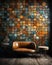 Mosaic Tiled Wall in Blues and Yellow Orange with Small Circles, Love Seat, and Stand