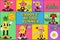 Mosaic trendy posters with funny summer groovy characters. Cartoon funny retro characters