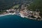 Moscenicka draga bay and long natural grit sand beach air photo in Croatia