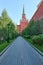 Moscow, Alexander Garden, view at tower and red wall of Moscow Kremlin