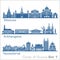 Moscow, Arkhangelsk, Novosibirsk City skyline set. Russia. Vector silhouette on white.