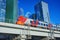 MOSCOW, AUG. 29, View on moving high speed passenger train on metal bridge and Moscow city business center skyscrapers, towers in