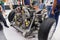 MOSCOW, AUG.31, 2018: View of chassis with engine details, gearbox, suspension with springs of new Russian luxury car Aurus Senat