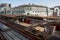 Moscow, the building of the Belorussky railway station, April 2019. Top view of the perona. Rails and trains