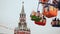 Moscow. Christmas. Entertaining attractions at the Kremlin. People in the booths are attracted by balloons. New Year