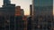 Moscow city business centre glass buildings drone panoramic shot, setting sun light