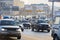 MOSCOW, FEB. 01, 2018: Winter day view on automobiles car in city hard traffic caused by heavy snow in the city. Slow cars traffic