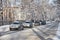 MOSCOW, FEB. 01, 2018: Winter day view on automobiles car in city hard traffic caused by heavy snow in the city. Slow cars traffic