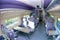 MOSCOW, JUL,12, 2010: Fish eye shot of high speed train Interior saloon inside, passenger seats, tables for train passengers