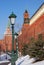 Moscow Kremlin and Alexanders garden in winter. Color photo.