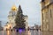 Moscow Kremlin. Archangels cathedral and Christmas tree. Color photo.