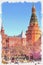 Moscow. Kremlin. Corner Arsenal Tower and the Alexander Garden. Imitation of a picture. Oil paint. Illustration