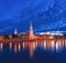 The Moscow Kremlin before dawn. Night illumination of the Kremlin and the reflection of the Vodovzvodnaya Tower in the Moscow Rive