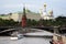 Moscow Kremlin panorama. Cruise ships sails on the river.