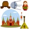 Moscow kremlin. Set symbol-Hat with a star, doll matryoshka