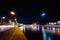 Moscow Kremlin and ships on Moskva river at night under full Moon. Time-lapse