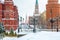 Moscow Kremlin during snowfall, Russia. View from snowy Manezhnaya Square