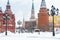 Moscow Kremlin during snowfall in winter, Russia