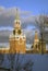 Moscow Kremlin. Spasskaya clock tower. Color winter photo.
