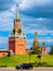 Moscow Kremlin in summer, Russia. Vertical scenic view of Spasskaya Tower and St Basil`s Cathedral