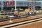 MOSCOW, MAY, 18, 2018: View of railway maintenance workes group with trolley doing rail tracks ultrasonic inspection and visual co