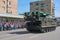 MOSCOW, MAY, 9, 2018: Great Victory holiday parade of Russian military vehicles air defence missile tank BUK M2. Tanks on city str