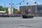 MOSCOW, MAY, 9, 2018: Great Victory holiday parade of Russian military vehicles. Celebrating people, Victory symbols in the backgr