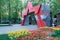 MOSCOW, MAY, 9, 2018: Great Victory May 9 holiday decoration in red star form and flowers field at the main entrance to city park