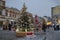 Moscow New Year. New Year\\\'s trees on Kuznetsky Most street in January twilight