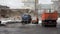 Moscow. News. Today. Snow cleaning spring export. A huge mountain of snow, harvesting equipment, trucks, tractors bring the city i